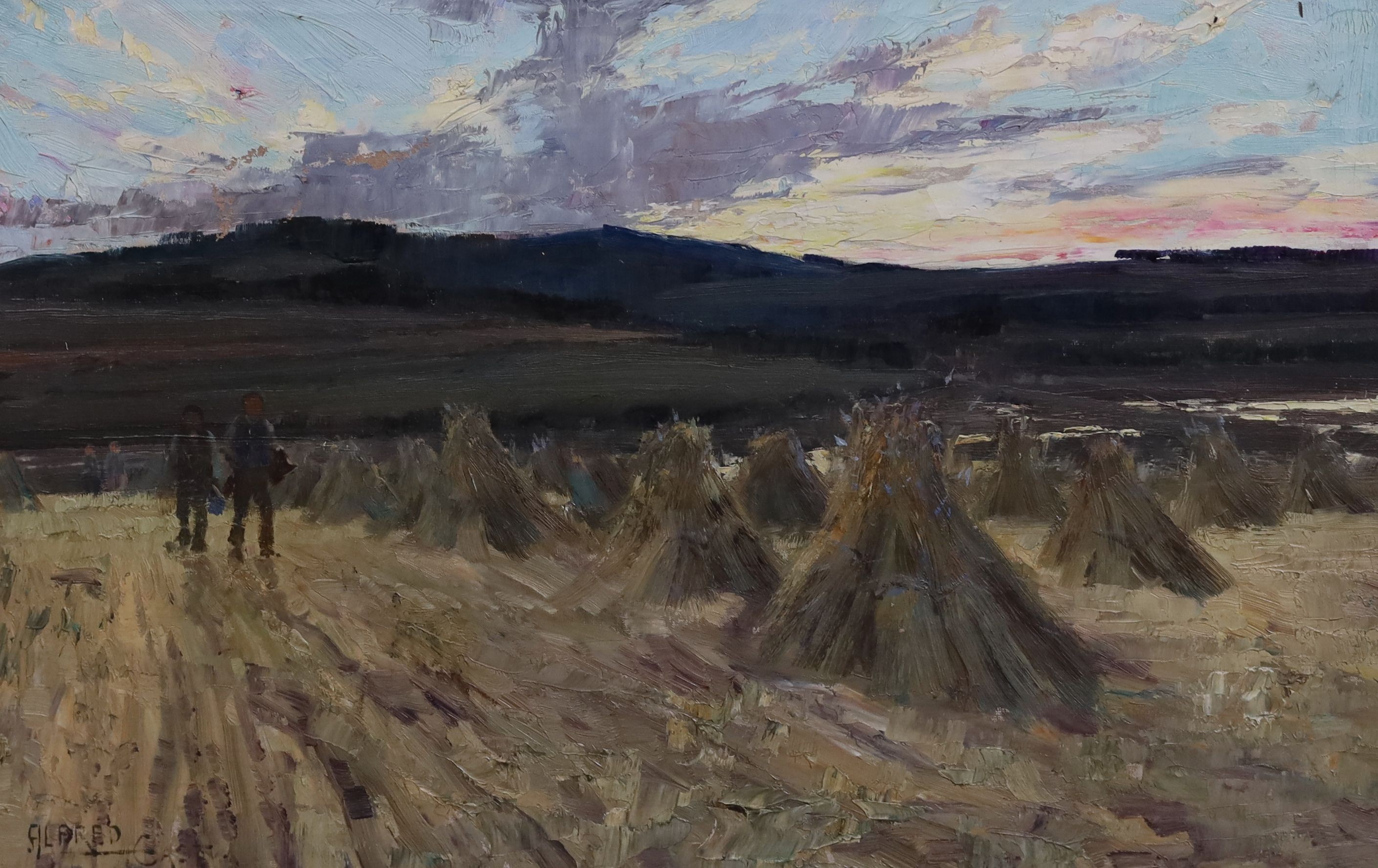 Sir Alfred East (1849-1913), Harvesters at sunset, oil on canvas, 40 x 60cm